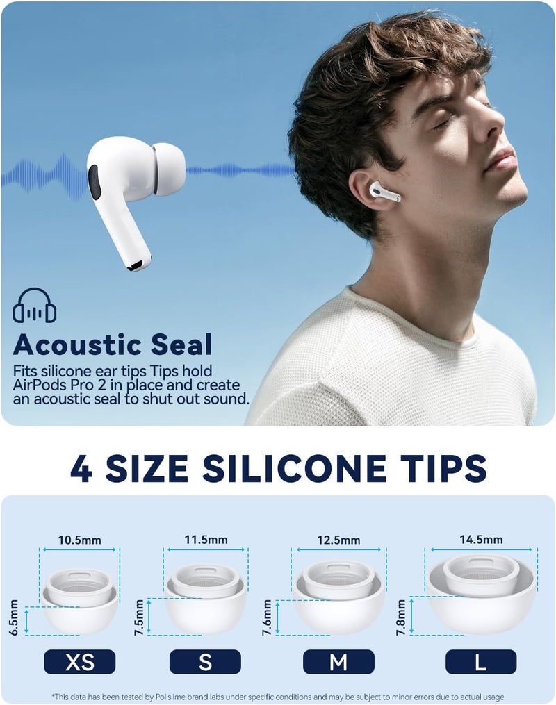 Polislime 4 Pairs Replacement Ear Tips for AirPods Pro 2nd/1st Generation,Noise Reduction Holewith & Built-in dust Guard Screen,with Cleaner Pen Silicone Ear Tips for USB-C Charging Case (XS/S/M/L)-White - Image 3